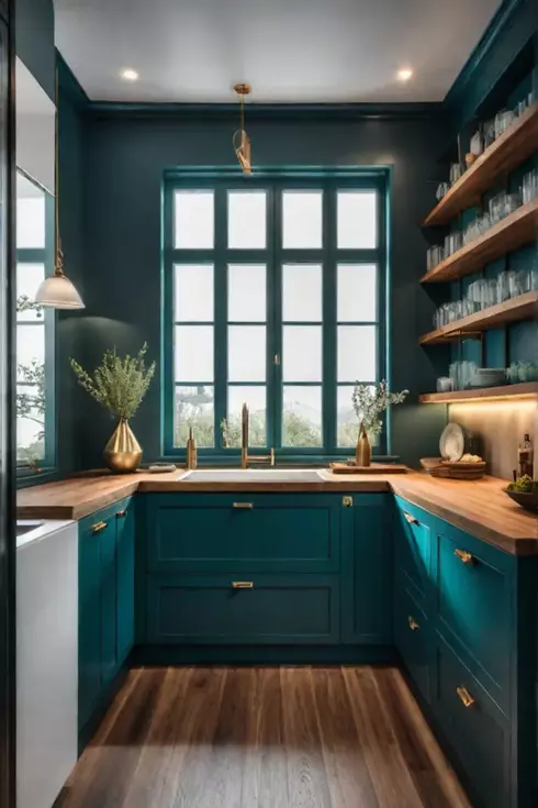 Calming kitchen with teal cabinets