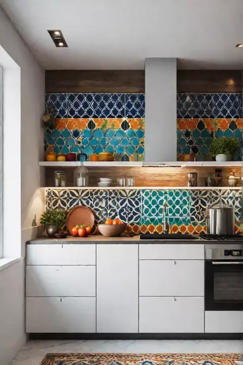 Colorful kitchen backsplash with Moroccan tiles