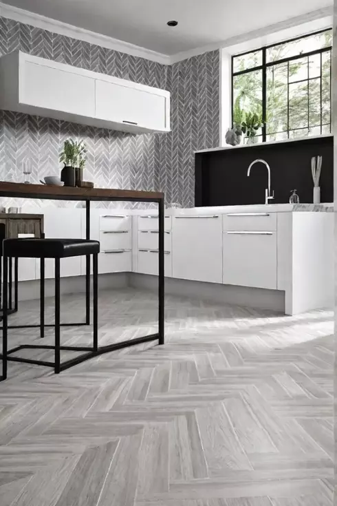 DIY kitchen update with herringbone pattern